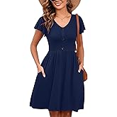 Heymoments Women Summer Dress Ruffle Sleeve Navy Blue XX-Large V Neck Casual Cute Loose Sundress Comfy Swing Button Down Midi Work Flowy Tunic Ladies Beach Vacation Teacher Dresses with Pockets