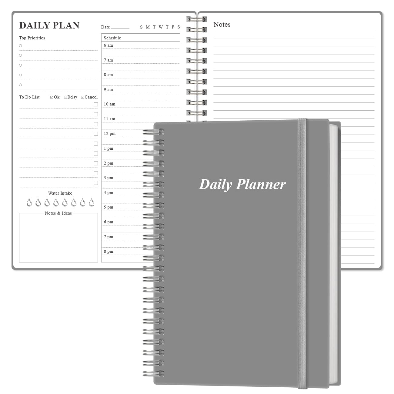 Daily Planner Undated - A5 To Do List Notebook Hourly Schedules, Spiral Appointment Planner for Women and Men, PVC Hardcover, Inner Pocket, Elastic Closure, 5.8" x 8.5", Grey โ image 1
