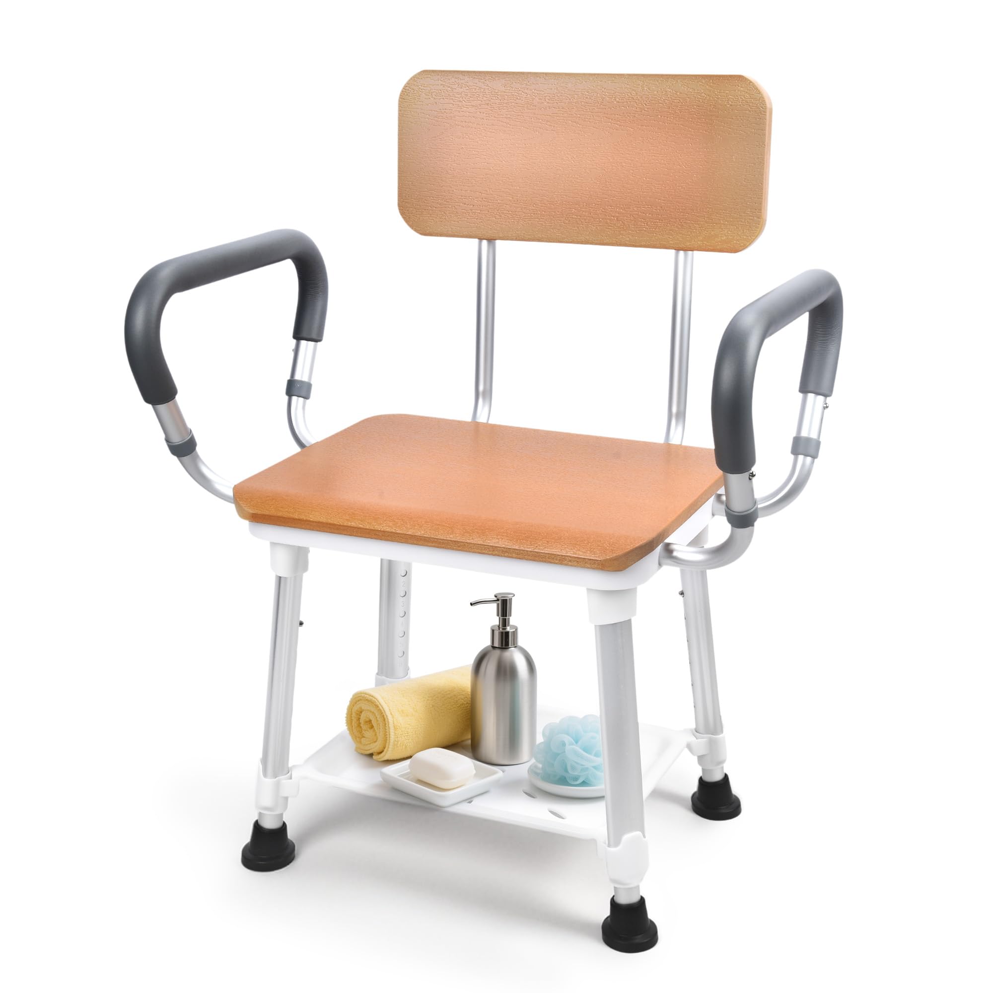 Photo 1 of Sangohe Shower Chair for Inside Shower, Shower Chair with Wood Seat Board and Back, Height Adjustable Shower Chair for Elderly and Disabled, 400 lbs Heavy Duty Shower Seat for Seniors, 796D-A