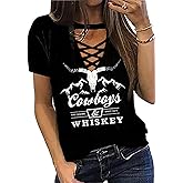 Cowboy Whiskey Criss-Cross Hollow Out T-Shirt Women Western Country Music Shirt Vintage Cowgril Short Sleeve Tops
