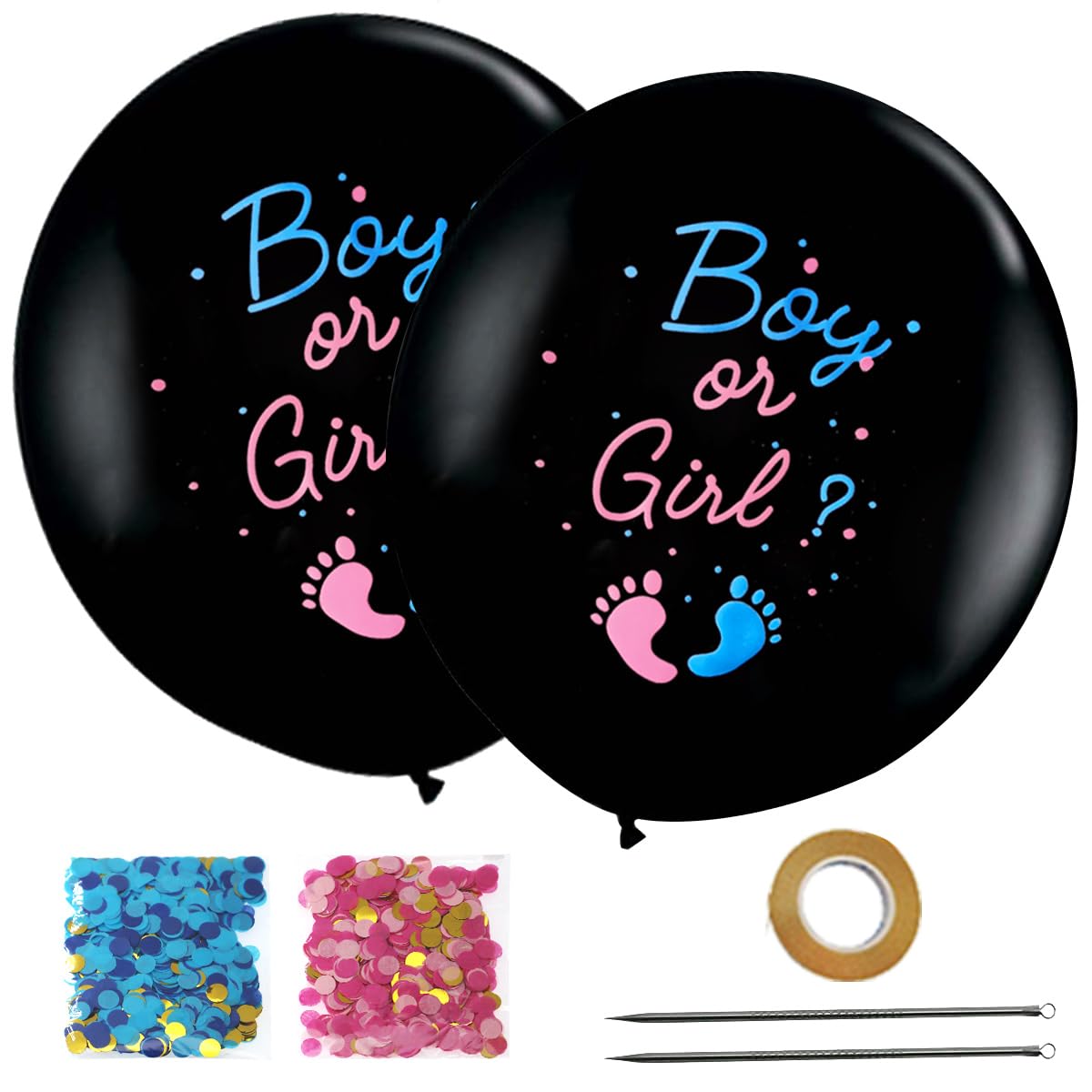 Heboland 36 Inch Gender Reveal Balloons, 2Pcs Baby Gender Reveal Decorations Large Latex Baby Shower Balloons with Blue Pink Confetti Needle Ribbon for Boy or Girl Ideas Party Decoration