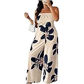 OYOANGLE Women's Plus Size Jumpsuit Floral Print Strapless Romper Summer Off Shoulder Vacation Outfit