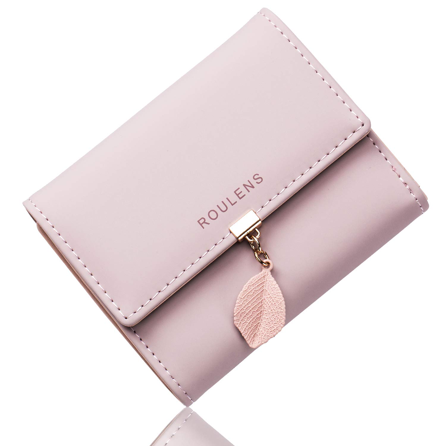 Roulens Ladies Purse, RFID Blocking PU Leather Wallet for Women Leaf Pendant Zipper Coin Purse with Multiple Card Slots and Roomy Compartment