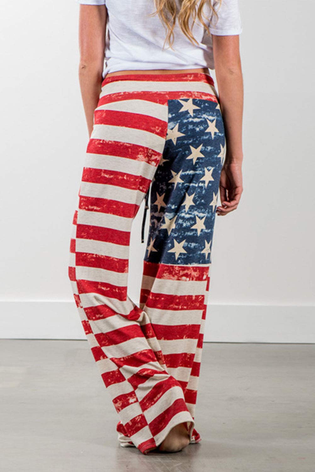 High Drawstring Waist Wide Leg Pants for Women Palazzo Lounge American Flag L