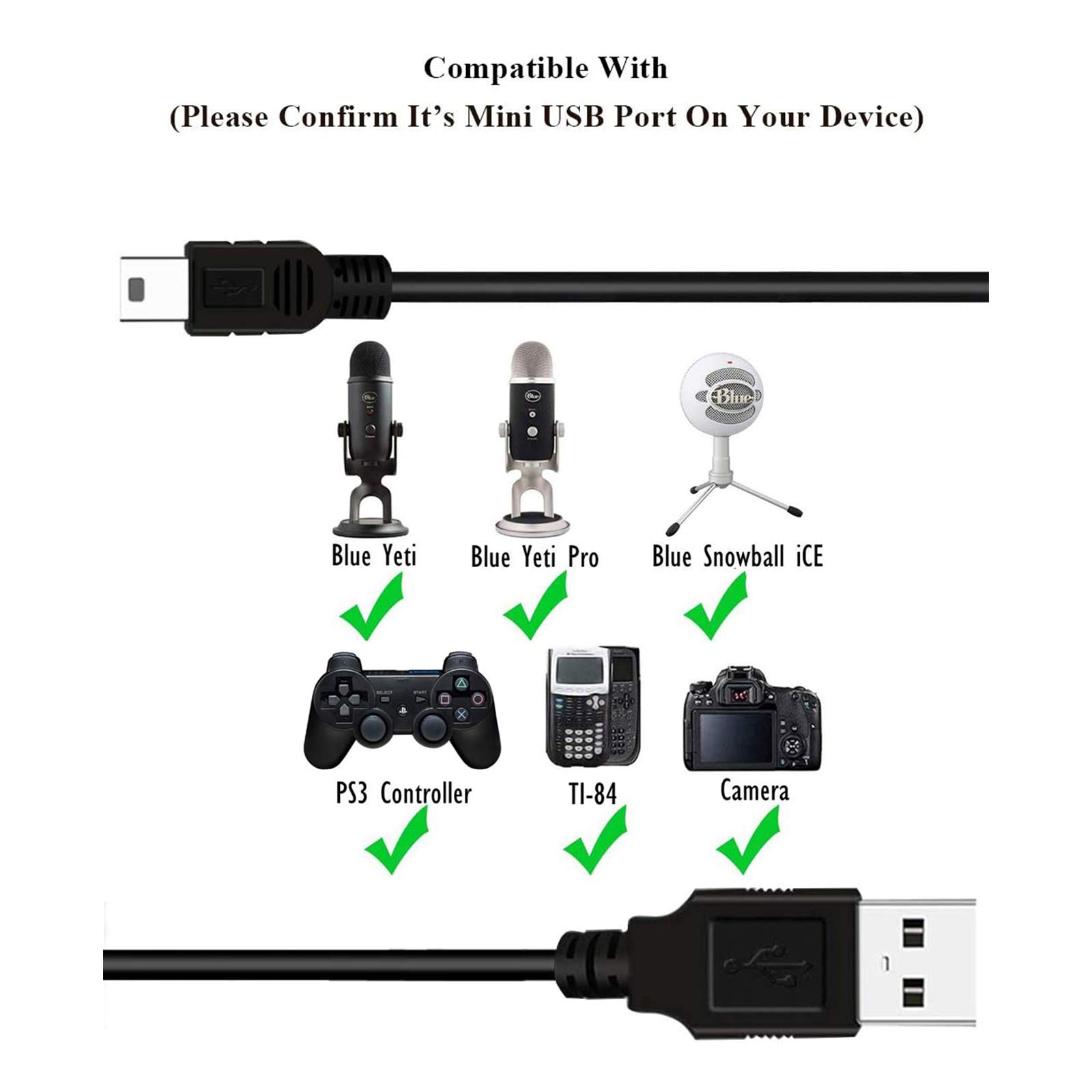 Love your yy Replacement USB Cable Power Cord for Blue Yeti Recording Microphones MIC, Blue Snowball iCE USB Mic Wire USB A mini b Charging Cable