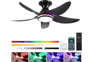 Kviflon Ceiling Fans with Lights Remote/APP Control, 38" Low Profile Ceiling Fans with Dimmable White Colors+ RGB Ring Lights, 6 Speeds 5 Reversible Blades for Kids Room Bedroom Living Room, Black