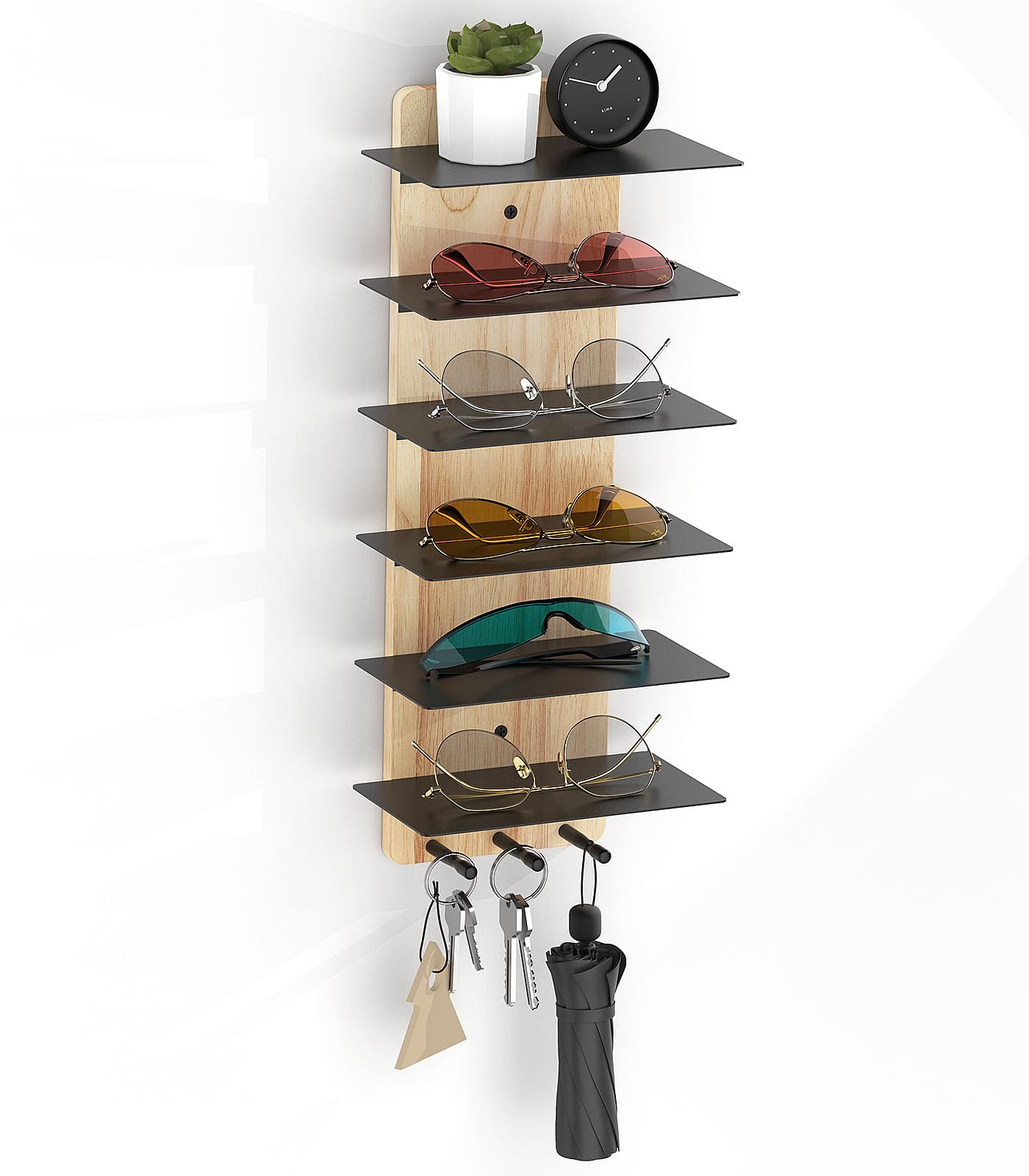 MoKo Sunglass Organizer Storage Rack, 6 Tiers Rustic Wood Sunglasses Display Rack with 3 Hooks, Wall Mounted Sunglass Storage for Entryway Living Room Bedroom, Wood + Black
