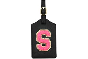 CHOIEO Initial Luggage Tag, PU Leather Luggage Tag, Embroidered Luggage Tag, Letter Luggage Tag, Monogrammed Luggage Tag, Luggage Tag for Baggage Bag Suitcase (S, Black Leather+Rose Red Letter)