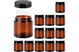 11 HOA KINH 4oz Jars with Lids, Hoa Kinh 12 Pack Amber Glass Jars with Lids Empty Cosmetic Containers Round Airtight Glass Jar with Inner Liners and black Lid for Storing Lotions, Powders, and Ointments