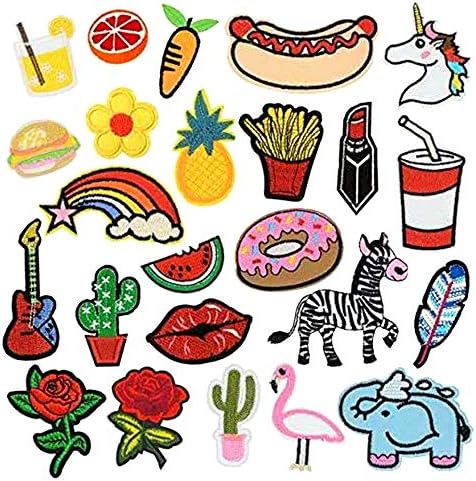 Iron On Patches 24 Pcs Embroidered Motif Applique Assorted Size Decoration Sew On Patches for DIY Jeans Jacket, Clothing, Handbag, Shoes,Caps (24Pcs)