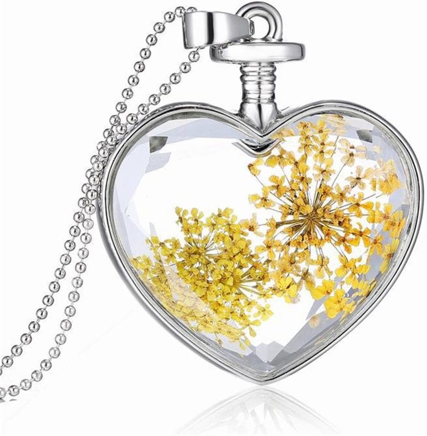 Rosimall Queen Anne's Lace Forget Me Not Real Dry Flower Heart Glass Bottle Pendant Necklace Gift