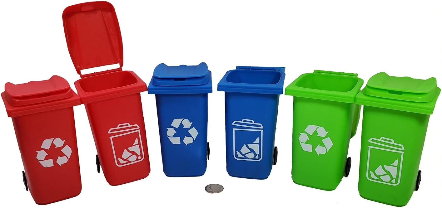 Set of 6 Mini Garbage Trash Can & Recycling Bin Pencil Holder Storage Container Desk Organizer for Office Home or School in 2 - Red , 2 - Green, and 2 - Blue