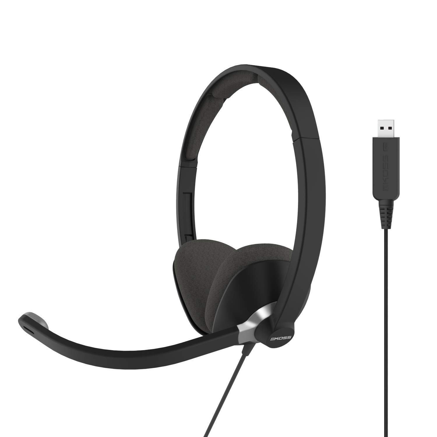 Koss CS300-USB Double-Sided On-Ear Communication Headset, Noise Cancelling Electret Microphone, Flexible Microphone Arm, Wired with USB Plug, Black