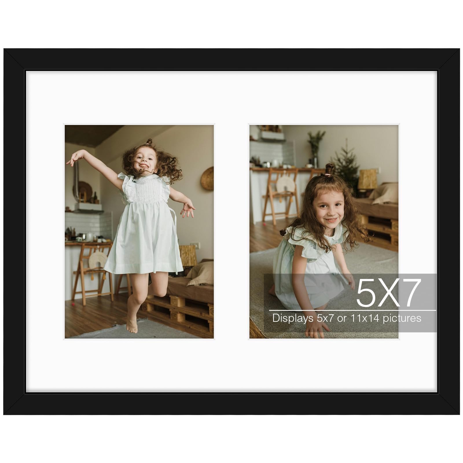 Golden State Art, 11x14 Black Photo Wood Collage Frame with REAL GLASS and White Mat displays (2) 5x7 pictures