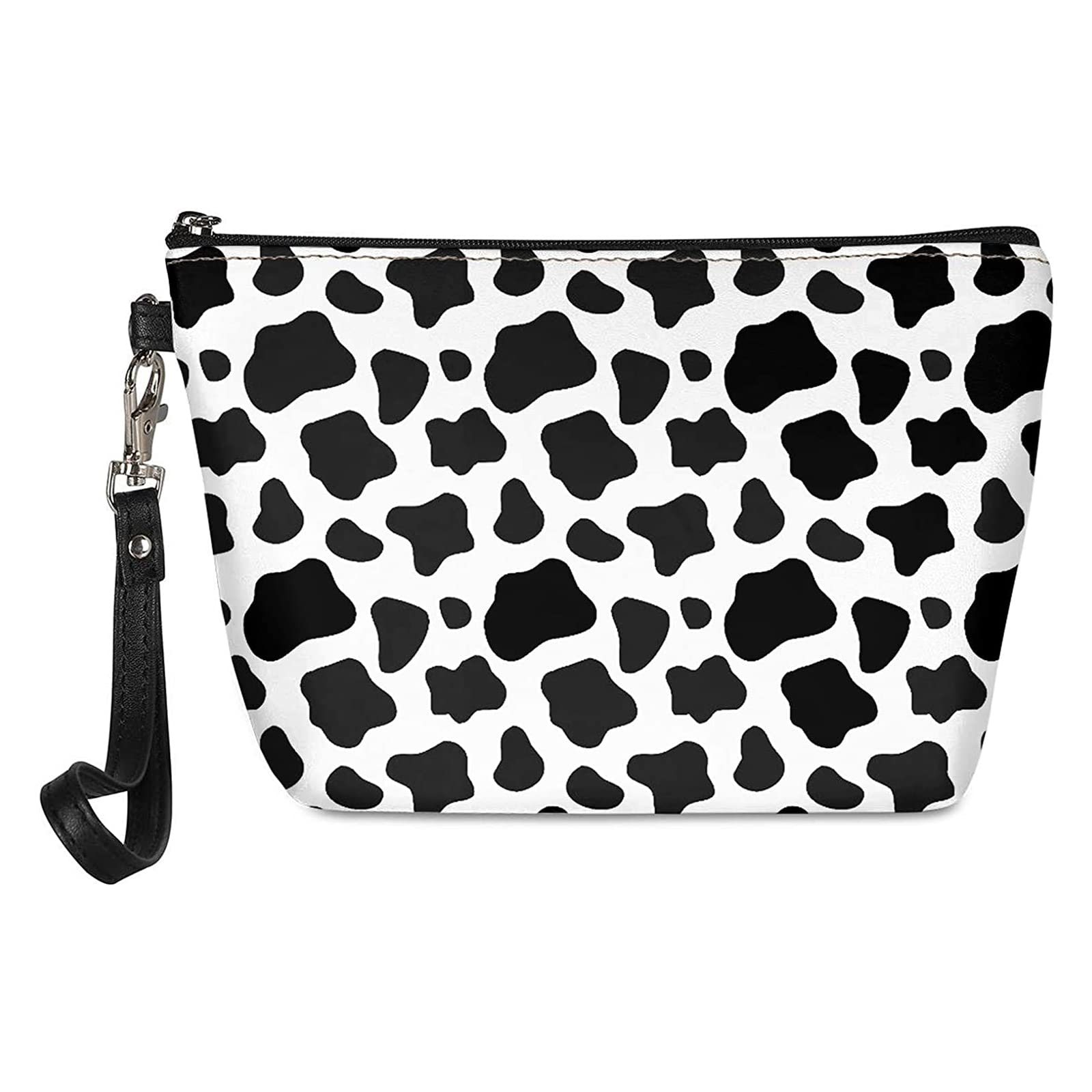 Jeiento Cosmetic Bag Pencil Bag Travel Portable Hanging Toiletry Travel Bags for Women Girl Black and White Animal Cow Print