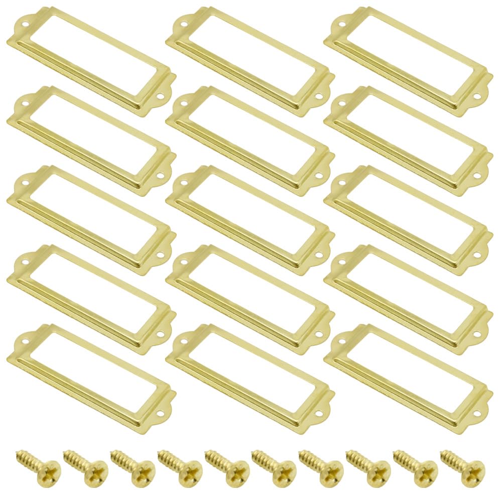 Yosawo 20Pcs Label Holder Metal Card Tag Holder Furniture Drawer Cabinet Tag Frame with Screws for Cabinets, Boxes, Shelf, Drawer, Wine Cellar and House Decoration(83 * 30mm/Gold)