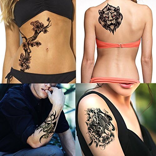 Deardeer 4 Sheet Temporary Tattoos Set for Man Guy Female Women - Fake Plum Blossom Fish with Lotus Lion &amp; Scorpion Temp Tattoo Fashion Bady Art Tattoo Transfer Paper Sticker