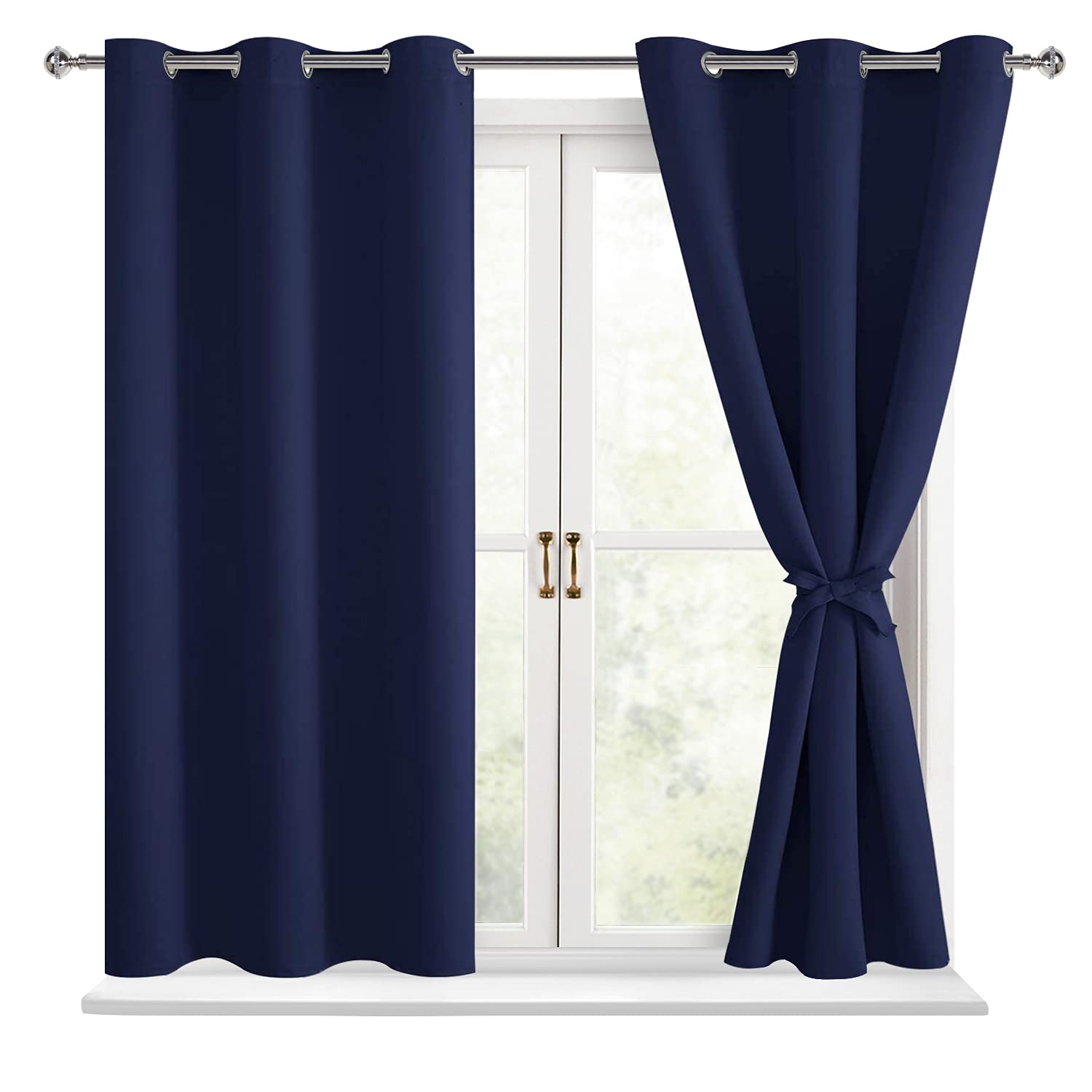Photo 1 of Hiasan Short Blackout Curtains for Bedroom - Thermal Insulated & Light Blocking Window Curtains for Living Room, 2 Drape Panels Sewn with Tiebacks, Navy Blue, 42 x 45 Inch