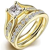 FENDINA Womens 18K Yellow Gold Plated Wedding Engagement Ring Set Created Emerald Cut Diamond Best Enternity Promise Rings for Her Size 8