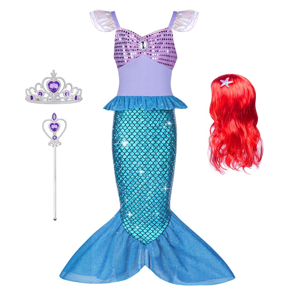AOOWU Girls Mermaid Costume, Princess Mermaid Dress Set with Wig Crown and Magic Wand, Little Mermaids Princess Costumes Fancy Dress Up for Girl Halloween Cosplay Carnival Sequin Outfit