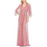 V-Neck Kimono Sleeve Gown with Pink Beaded Striping
