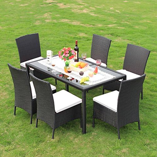 ilishop Garden Yard Outdoor Rattan Furniture Dinning Table Chairs Cushions 7 Piece Set Black