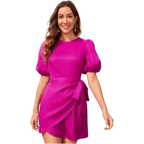 Vince Camuto Crepe Back Satin Long Sleeve Faux Wrap Dress Fit-and-Flare with  Self Sash Fuchsia 2 at Amazon Women's Clothing store