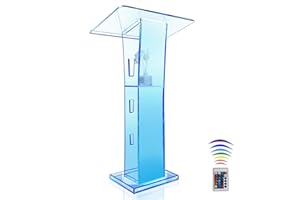 Vakiorn Acrylic Podium Stand, 43” Pulpit for Churches with 15 Colors Adjustable, Modern Lectern with Storage Shelf for Classroom, Conference, Wedding and More (23.62”x 15.75”X 43.3”)