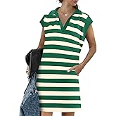 Wenrine Womens Striped Summer Mini Dress Casual Cap Sleeve Polo V Neck T Shirt Dresses with Pockets