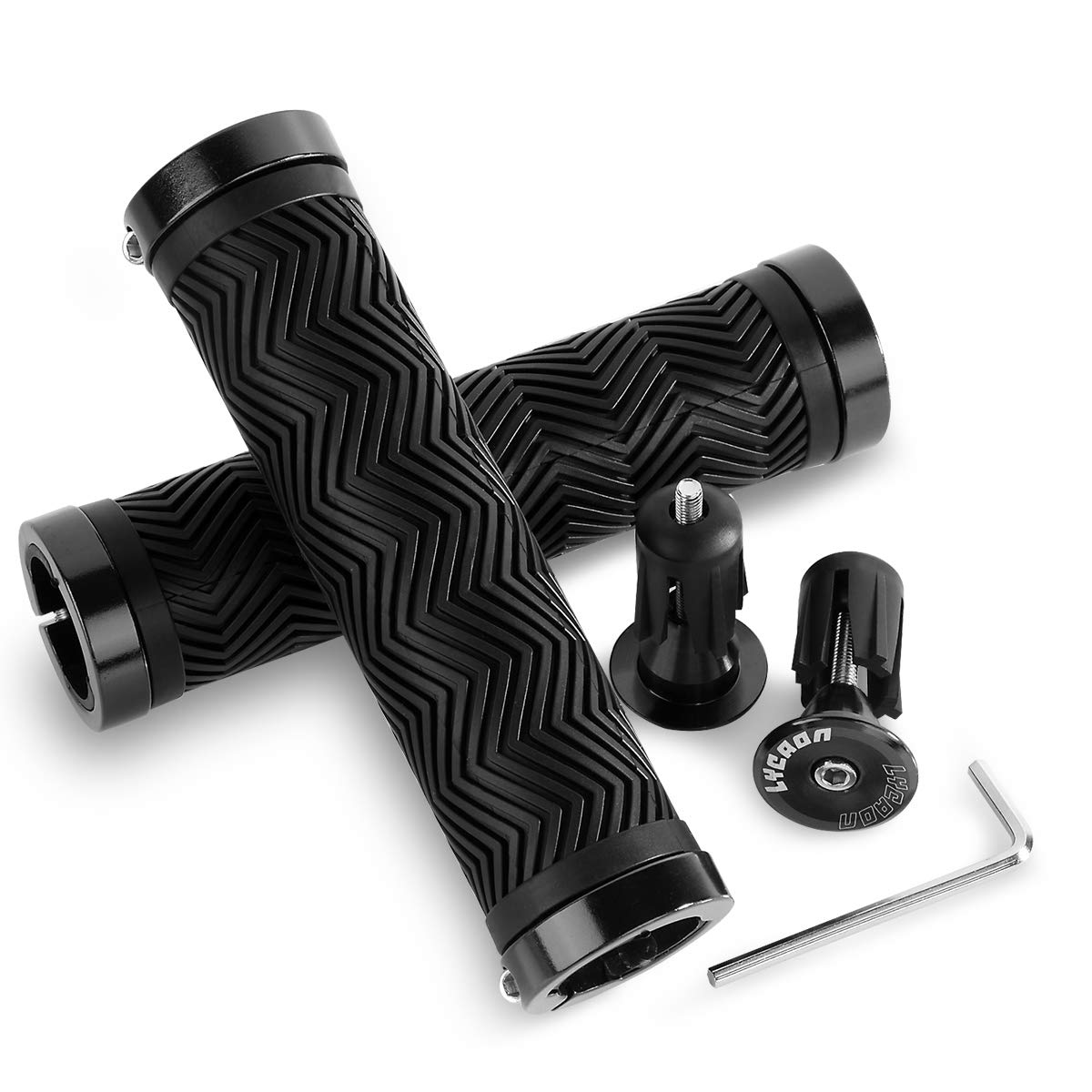 LYCAON TPR Bicycle Bike Grips with 2 Expandable Aluminum End Caps, Bike Bicycle Grips Fits MTB/BMX/Mountain/Downhill/Foldable/Urban Bicycles/Scooter (Black Extensible)