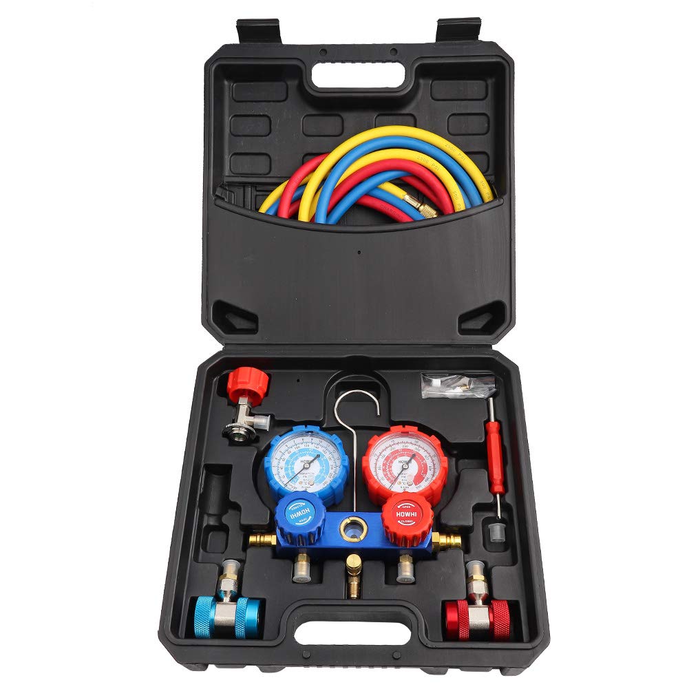 Fits R134a A/C Refrigerant Gauge Assembly with 1.5m Charging Hoses, Pressure Adapter, Adapter, Storage Box and etc Manifold Gauge R134a