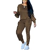 Akmipoem Women's Two Piece Outfits Ruffle Sleeve Sweatshirt and Long Pants Tracksuit Sets