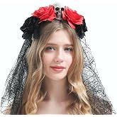 Bubbmi Mexican Rose Flower Crown Headband with Black Veil, Day of the Dead Headpiece, Halloween Costume Festival Headwear with Skull, Dia De Los Muertos Hairhoop (Mexican E)