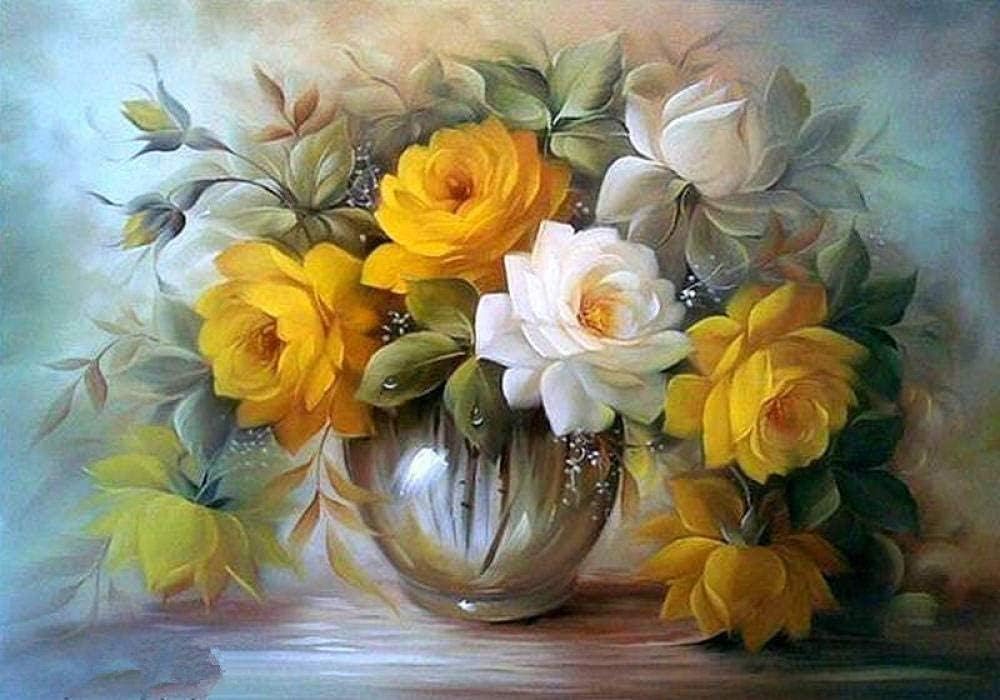 GEZHF Ölgemälde nach Zahlen Kits Gelbe und weiße Rosen DIY Digitales