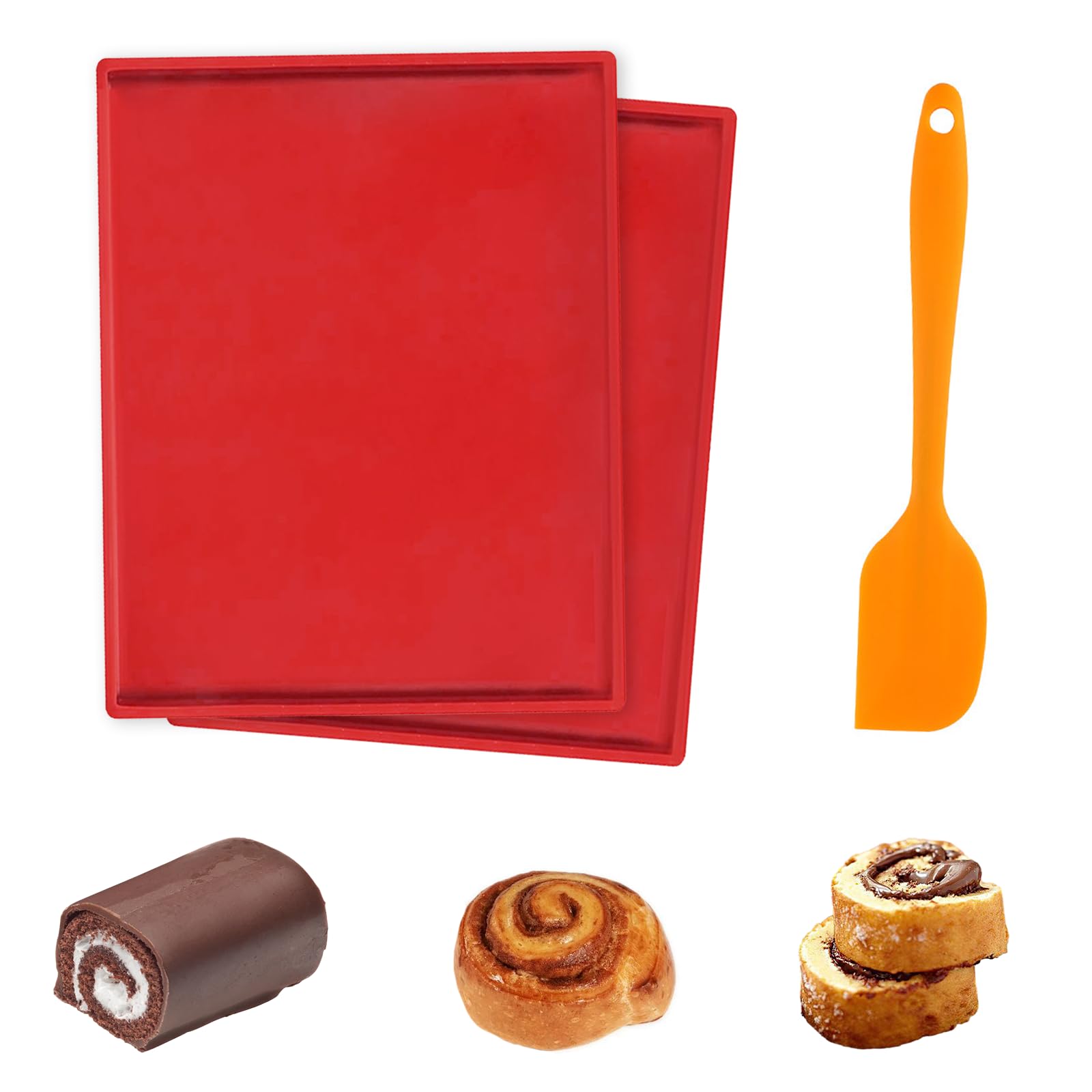 2 Pcs Swiss Roll Baking Tray, Silicone Tray Swiss Roll Tin Non-Stick Baking Mat with Spatula, Cake Mat Pad Sheets Pastry Tools Silicone Mould for Cooking Bread Cookies Fudge