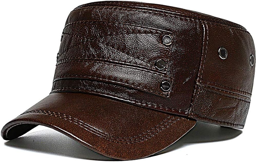 Men's Ear Flaps Cap Flat Top Cap Adjustable Leather Military Cap