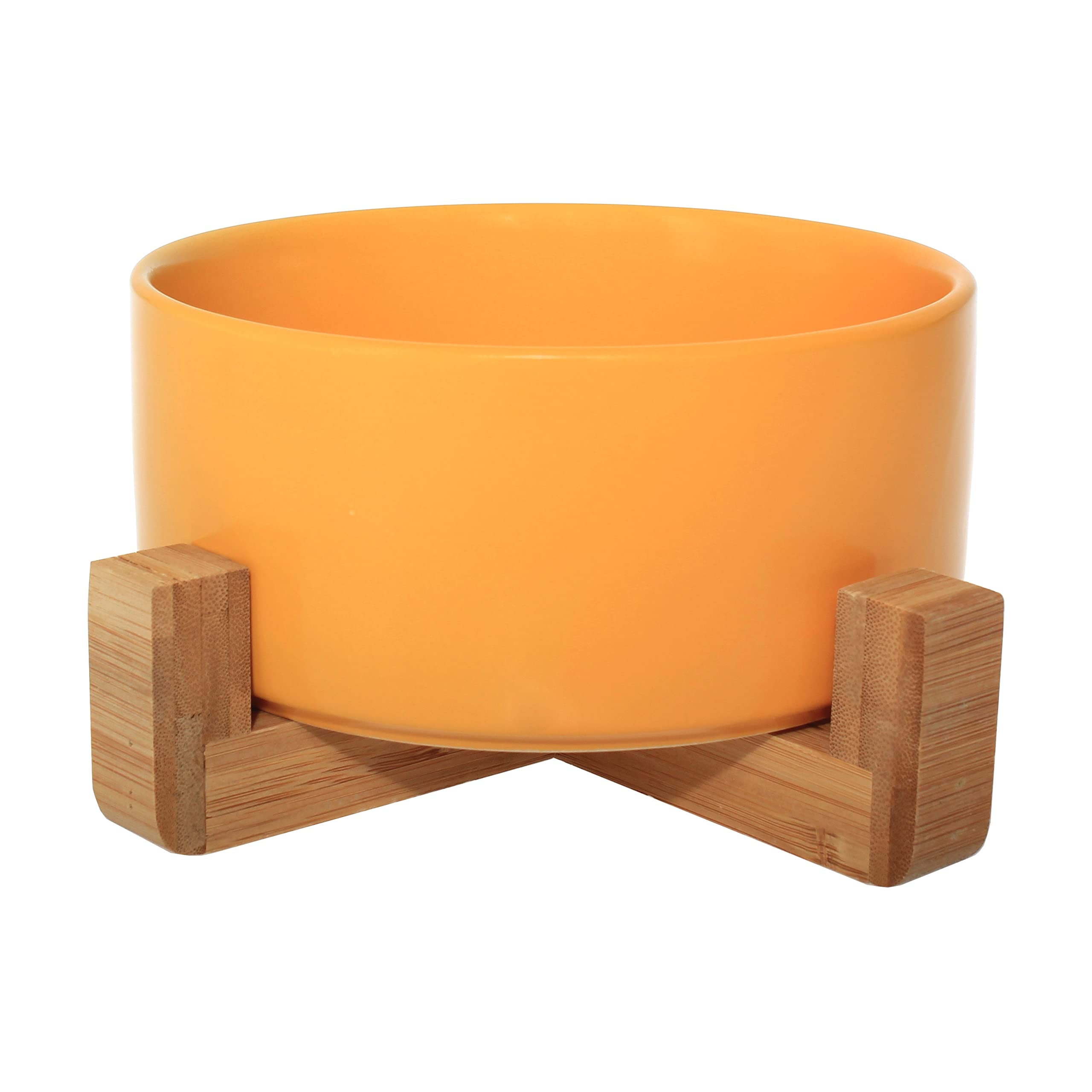 Ceramic Bowl with Bamboo Stand for Dogs & Cats, Raised Bowl for a Comfortable Position Whilst Eating & Drinking, Options, 850ml Capacity (Yellow)