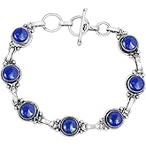 Round Shape Natural & Synthetic Gemstones Silver Plated Bracelets for Women - Vintage Bohemian Style Handmade Birthstone Adjustable Link Bracelet Jewelry Gifts for Wedding Anniversary Mother's Day