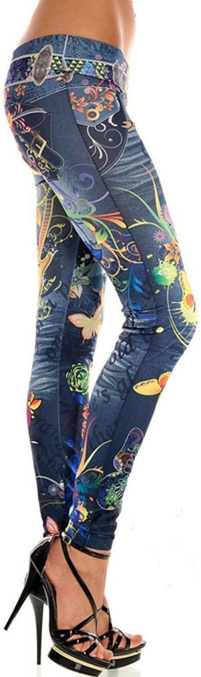 MYEDO Women Floral Printed Leggings, Denim Fake Jeans Stretch Skinny Pencil Pants