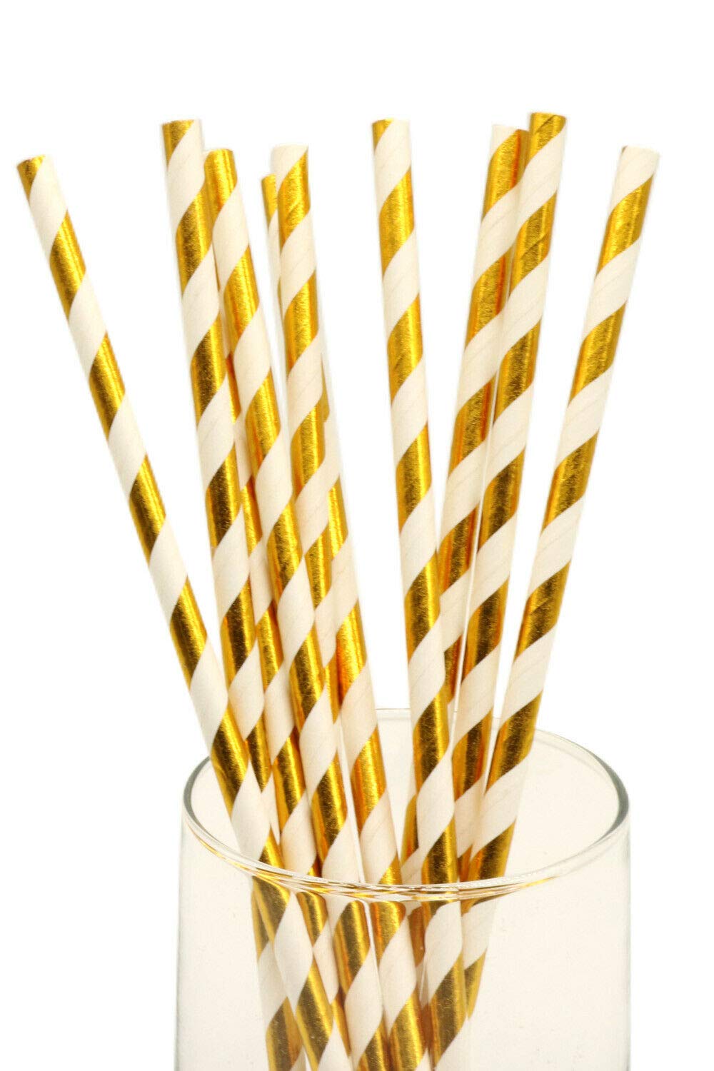 Fancy Paper Drinking Straws 100 Pcs Bulk Biodegradable Plastic Free Straws for Parties, Baby Birthdays, Weddings Party, DIY Decorations, Valentines, in Bright Color Striped (Gold with White Stips)