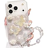 Changjia for iPhone 17 Pro Max Glitter Butterfly Case,Cute Girly 3D Flowers Floral Pearl Bling Sparkle with Wrist Strap Chain Soft TPU Aesthetic Women Girls Phone Case for iPhone 17 Pro Max 6.9",White