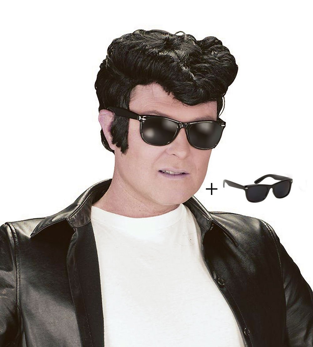 Mens Greaser Teddy Boy Wig Black Sunglasses 1950s Fancy Dress