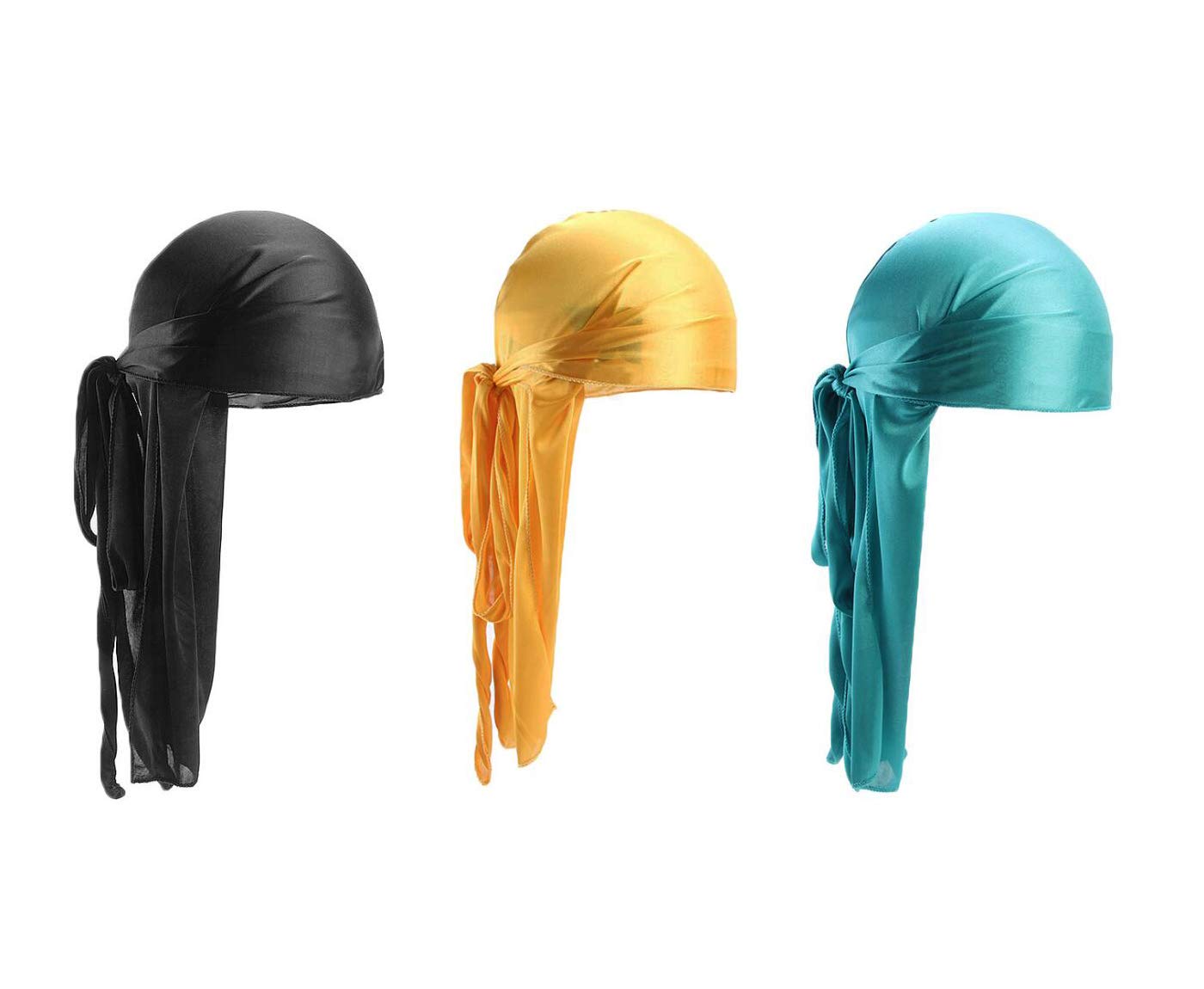 Deolven Durag Cap,3 Pack Activating Silky Durag Pirate 40 Inch Long Tail Headwraps Wide Head Wraps Headscarf for Men Women Hip-hop and Daily Decoration Black Blue Yellow