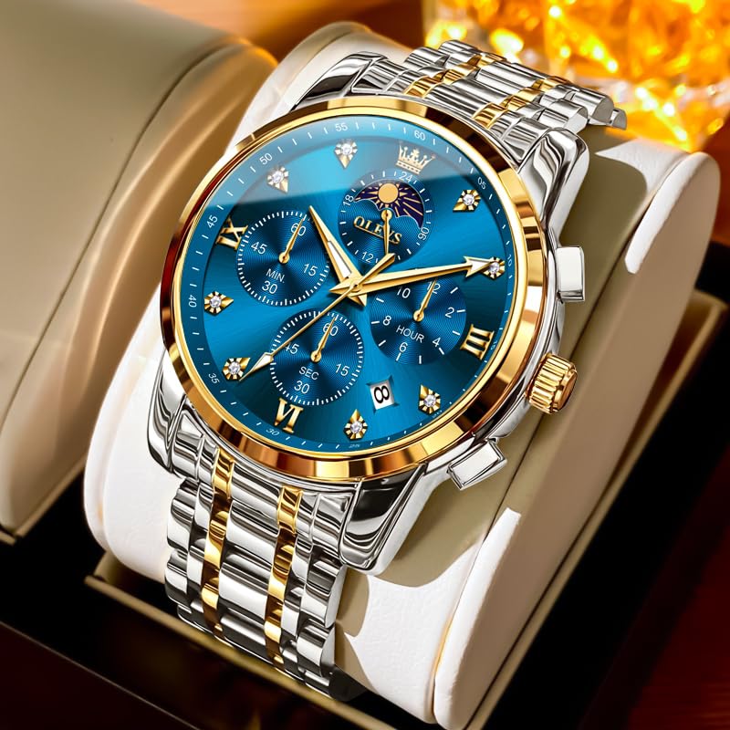 OLEVS Watch for Men Diamond Business Dress Analog Quartz Stainless Steel Waterproof Luminous Date Two Tone Luxury Casual Wrist Watch Blue