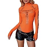 AVZXSA Women's Sexy Cutout Turtleneck Long Sleeve Bodysuit Tops Seamless Mesh Snap Crotch Thong Bodysuits