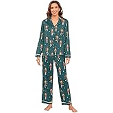 JHKKU Women's Christmas Nutcracker Satin Pajamas Set V Neck Button Down Loungewear Long Sleeve 2 Pieces Sleepwear Pjs Set M