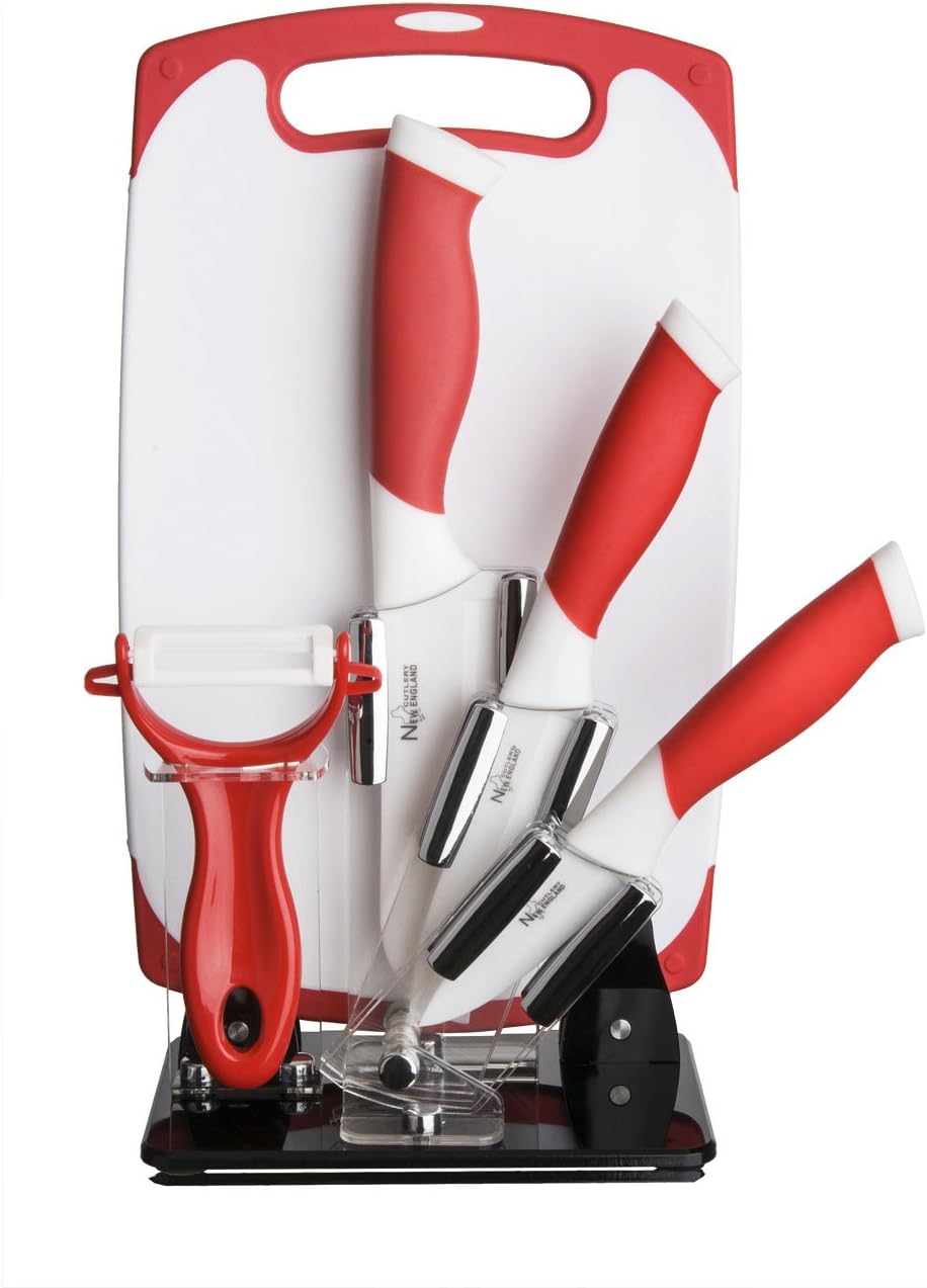 New England Cutlery 84065 6 Pc. Red Kitchen Cutlery 6 Piece and White Ceramic Knife and Tool Set