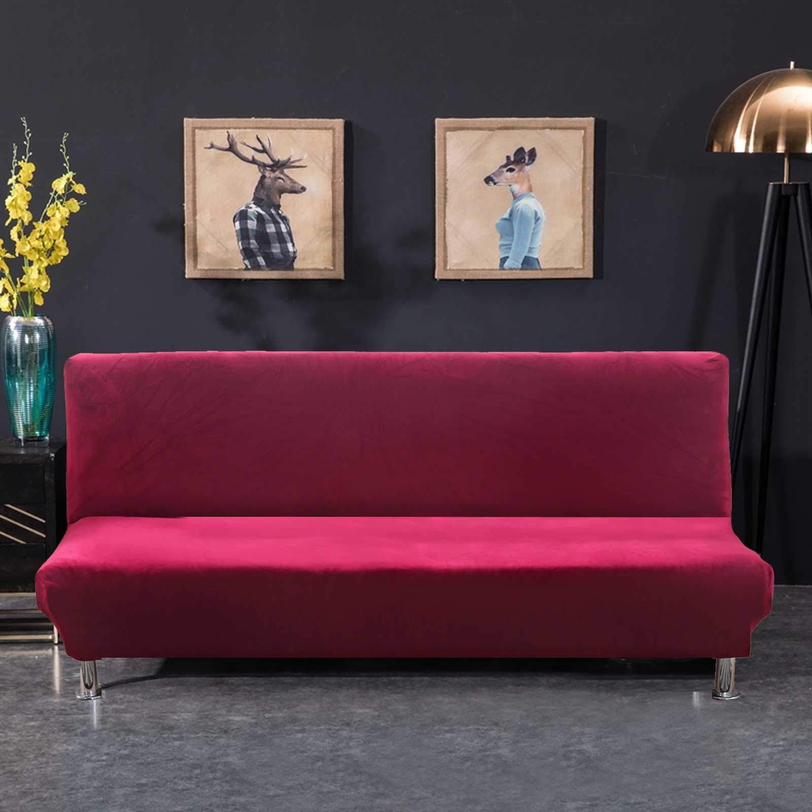 PETCUTE Armless sofa cover stretch futon cover armless folding sofa bed cover velvet Rose red