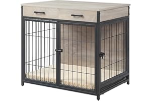 beeNbkks Furniture Style Dog Crate End Table with Tray and 2 Drawers, Double Doors Wooden Wire Dog Kennel with Pet Bed, Decorative Pet Crate Dog House Indoor Use
