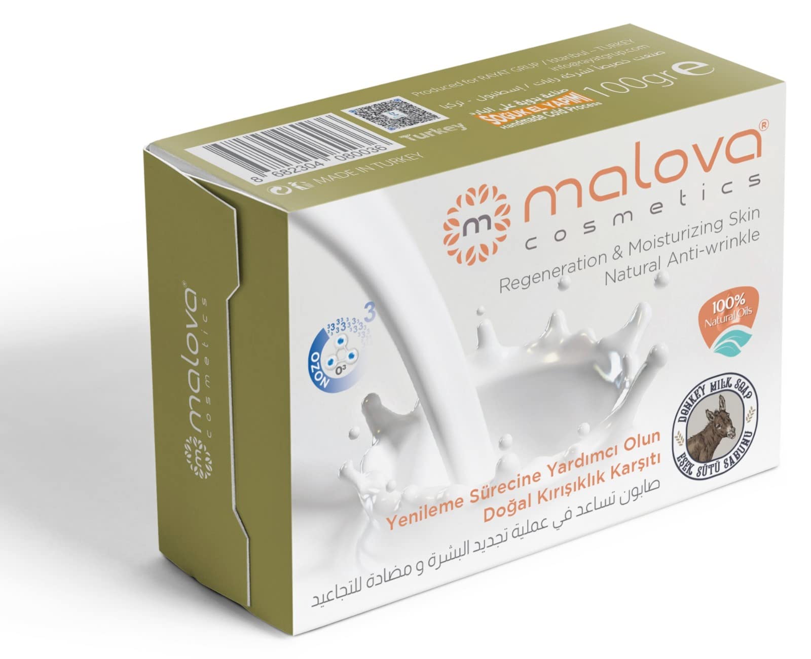 MALOVA - COSMETIC Soap with Donkey Milk for Regeneration & Moisturizing Skin Natural Anti-Wrinkle Made of 100% Natural Oils Handmade Cold Process Mixed with Ozone O3 For All Skin Types.